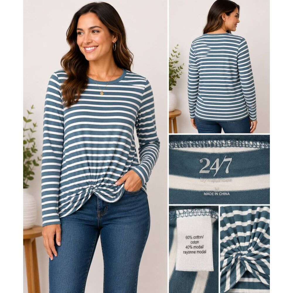 24/7 Maurices Stripe Twist Front Top Blue White M